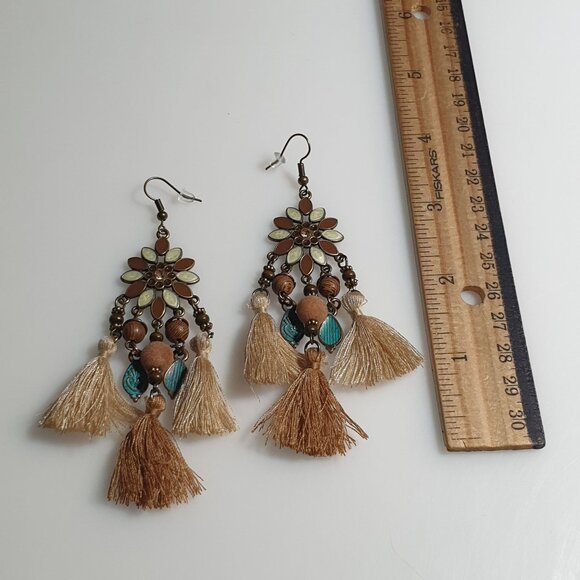Boho Earrings Tassel Design Flower Beads Multicolor Bronze Hook Lightweight Gift - Picture 4 of 5